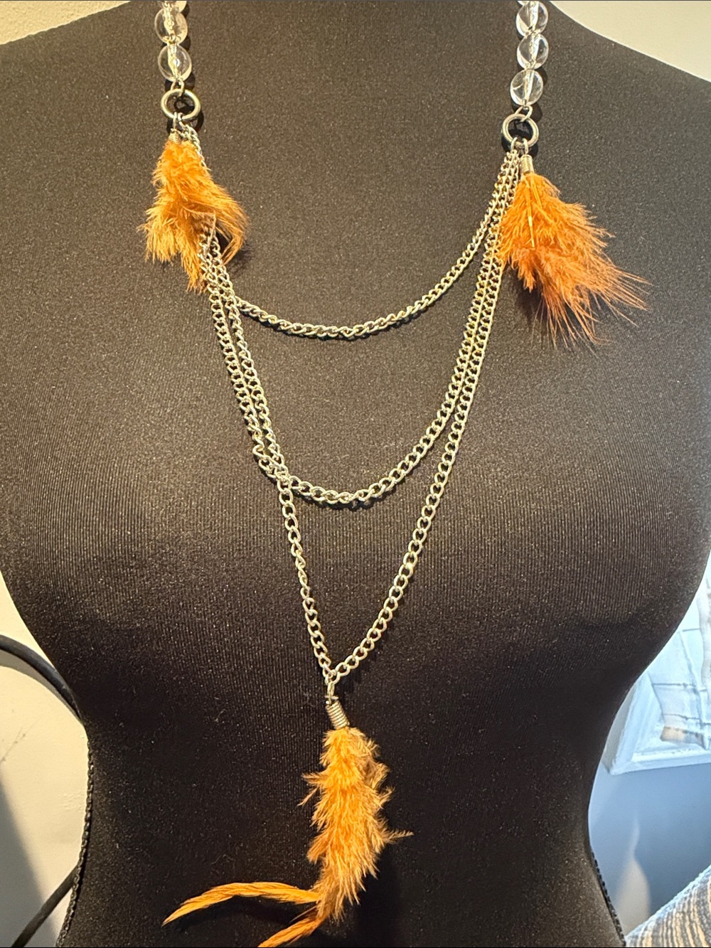 Boho Assymetrical Layered Silver Chain 30” Long Burnt Orange Feather Necklace